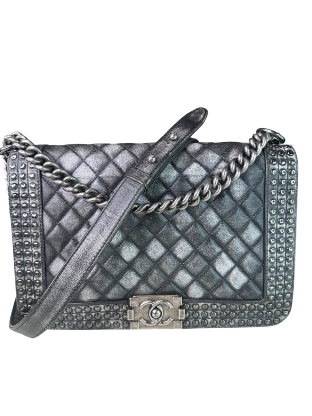 CHANEL Metallic Black Quilted Studded Shoulder Bag